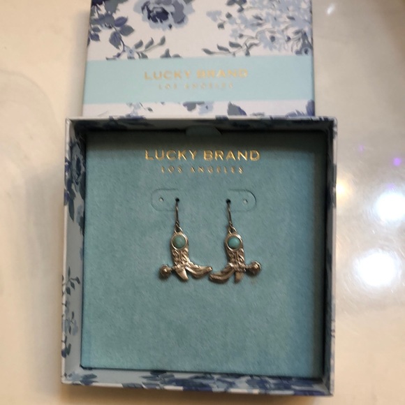 Lucky Brand Silver Tone Cowboy Boot Drop Earrings Turquoise Accent NWT - Picture 6 of 11